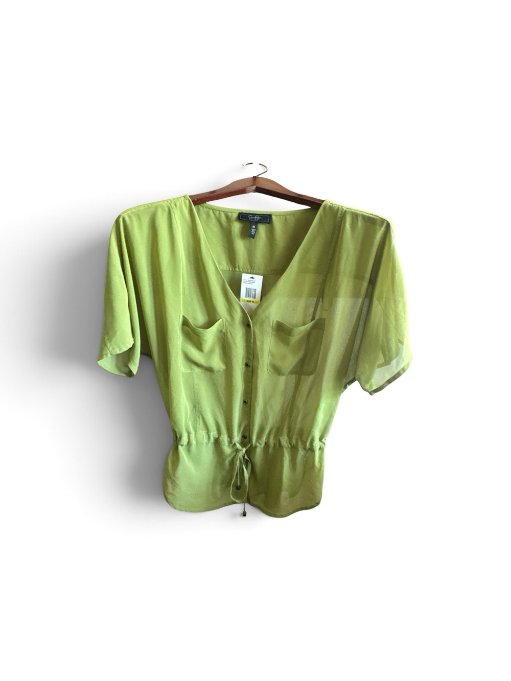 Jessica Simpson Lime Green Button-Front Drawstring See-through Blouse NWT Medium